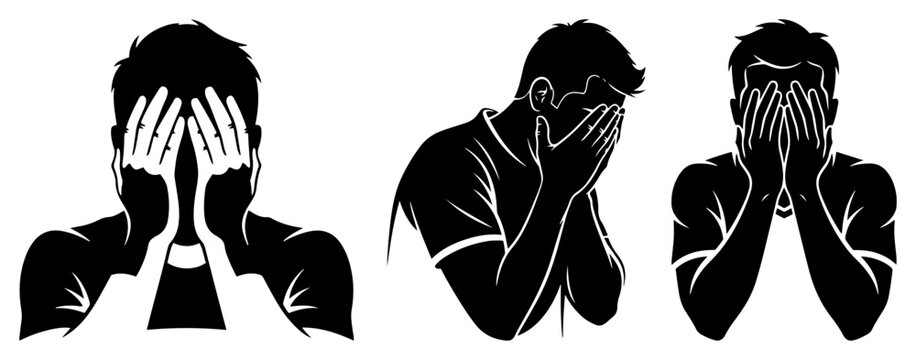 Men covering faces with hands expressing disappointment or shame in black and white graphic style