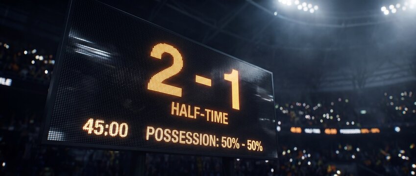 Scoreboard shows 2 1 lead at half time in a stadium