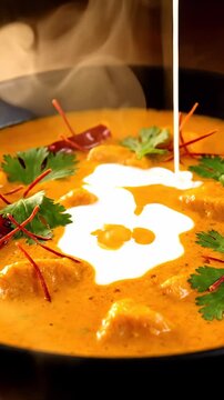 A creamy curry dish being drizzled with sauce and garnished with herbs and spices on a plate indoors.