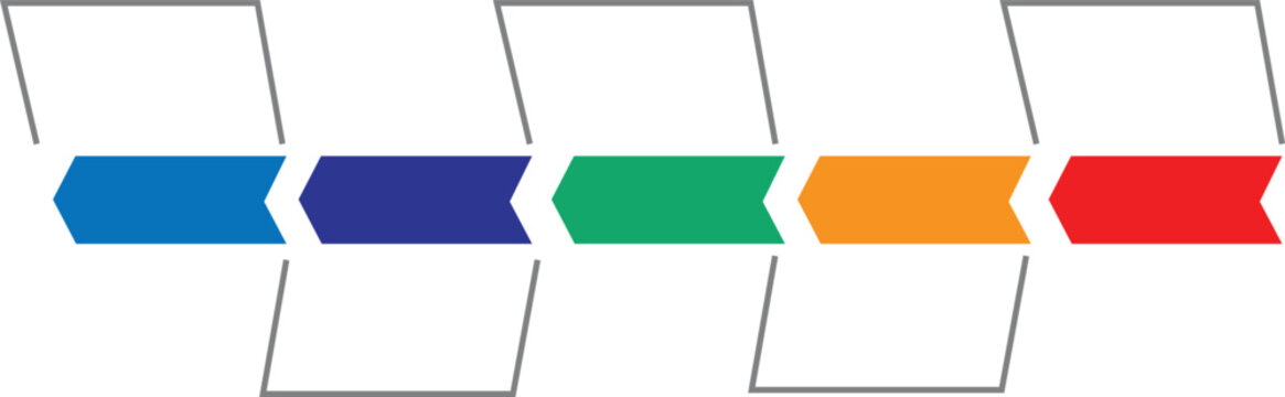 five step horizontal parallelogram chevron arrow banner flow chart in white blue green orange and red flat vector for business process infographic presentation isolated background.