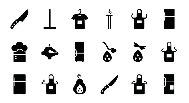 Minimalist kitchen and household icons set, black solid vector symbols for cooking and cleaning, 18 flat graphic elements for domestic chores and food preparation
