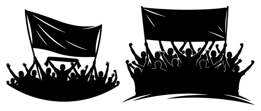 Crowd of sports supporters holding large banners and flags silhouettes set