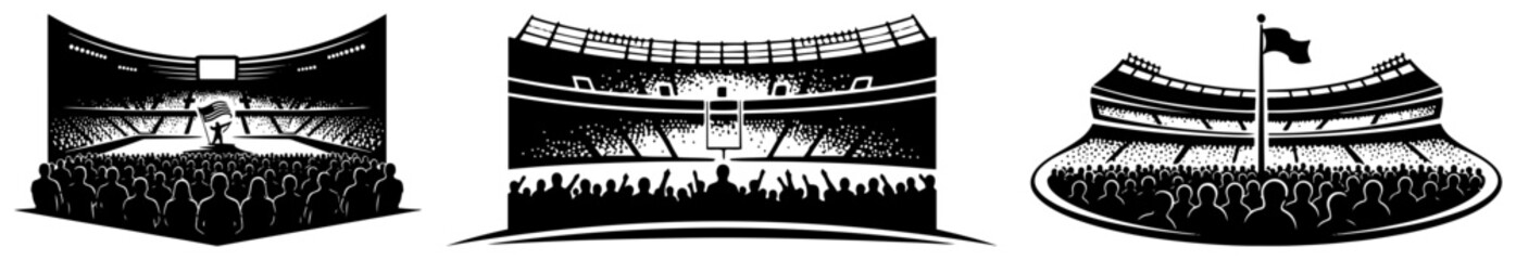 Stadium arena panoramas with cheering fans silhouettes in black and white graphic style © Cristiano