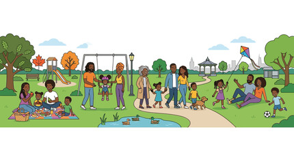 Fototapeta premium Diverse families enjoying a sunny day together at a public park.