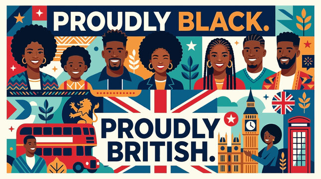 Diverse group of Black British individuals celebrating cultural identity and heritage.
