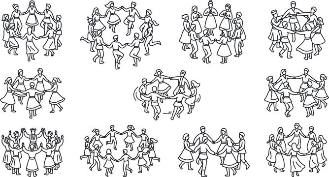 Collection of line art illustrations depicting groups of people dancing in circles, suitable for cultural event designs.