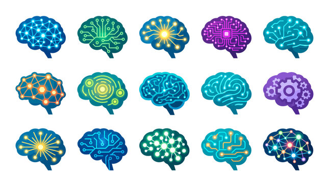 Set of human brain icons with neural networks and digital circuit board patterns, representing artificial intelligence development and illustrating cognitive computing technology