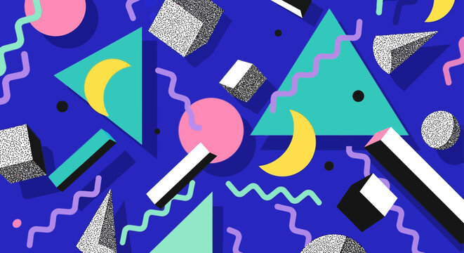 memphis style geometric pattern design creates a vibrant abstract background for 80s retro art and creative projects.