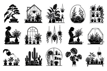 Obraz premium Indoor Plants And Gardening Icons Set. Bonsai, Terrarium And Home Decor Vector Collection
