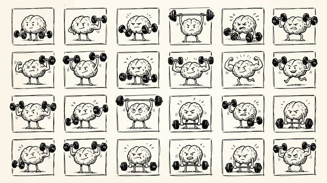 Hand drawn set of various brain characters lifting heavy weights and exercising in a grid, representing cognitive development and symbolizing mental health strength training