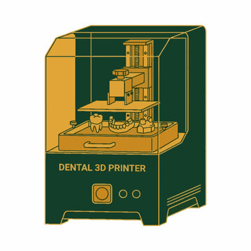 Dental 3D printer vector illustration showing a tooth and dental arch model inside, depicted in a modern two-tone flat design style.