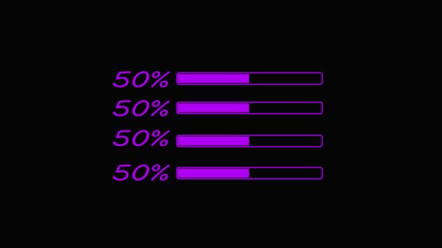 Progress bars loading animation: 4 parallel purple neon indicators on black background, loading bar loading screen