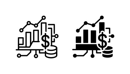 Naklejka premium Financial Data Analysis Icons, Business Growth Charts, Investment Statistics, Digital Economy Symbols, Black and White Vector Set