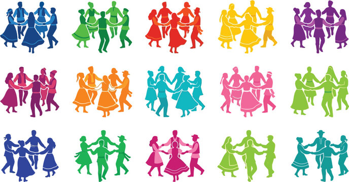 Colorful silhouettes of folk dancers in circular formation on transparent background.