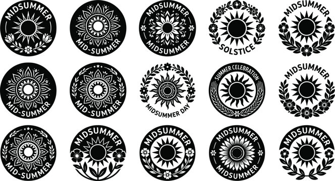 Midsummer solstice circular emblem set for summer festival branding and woodcut style pagan celebration designs.