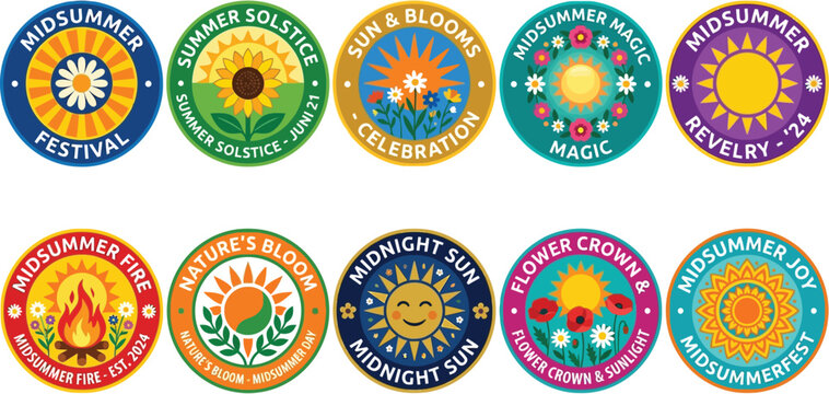Round badge collection for midsummer festival and solstice celebrations.