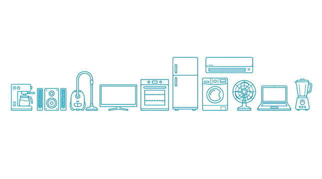 Blue line art icons of household electronic appliances like washing machine fridge and television on white background, illustrating home equipment retail and covering domestic convenience