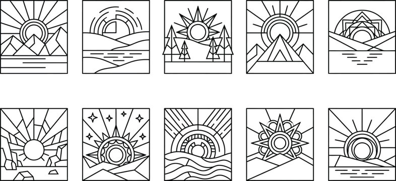 Geometric stained glass style landscape scenes depicting sunrises over mountains and ocean waves in linear art.