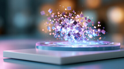 Fototapeta premium A glowing softly defocused AI technology hologram with floating efficiency tiles drifts above a clean bright pastel platform AI efficiency faceless concept soft pastel glowing