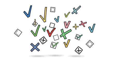 Obraz premium checkmarks crosses and colorful hand-drawn symbols for decisions and choices illustrating feedback for voting and survey results.