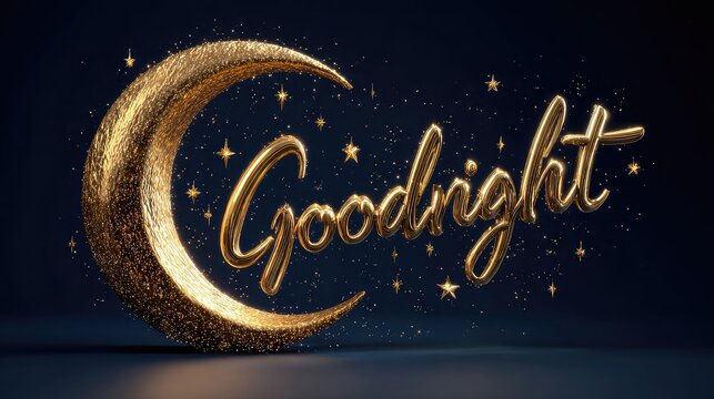 Golden Crescent Moon with Stars and Goodnight Text in Night Sky