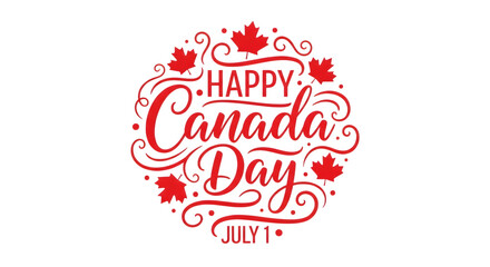 Fototapeta premium Red and white happy Canada Day text with maple leaves on black july