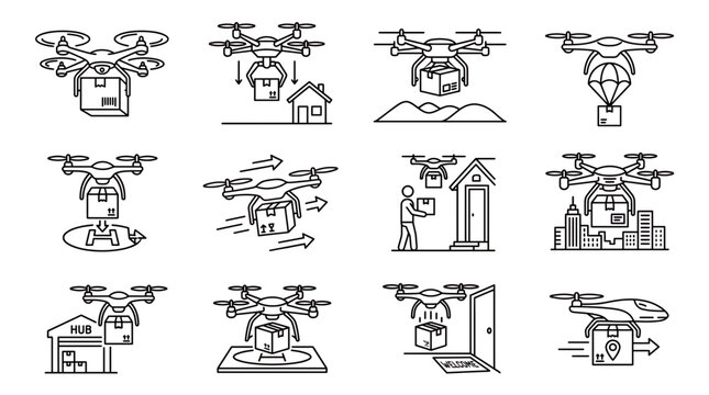 Drone delivery line icon set featuring quadcopters carrying packages to houses and warehouses, symbolizing automated logistics systems, illustrating modern autonomous air transport technology