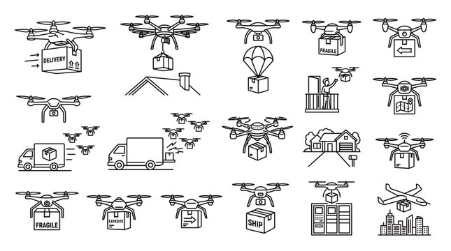 Collection of professional drone delivery vector line icons showing quadcopters and hexacopters carrying packages to houses and trucks, symbolizing logistics and representing future shipping