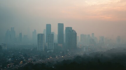 Fototapeta premium Urban city skyline shrouded in morning fog and haze at dawn