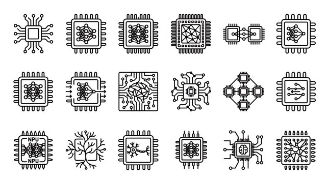 Set of minimalist line icons featuring neural network processing units and computer microchips on a clean white background, Represents artificial intelligence, Symbolizing deep learning tech