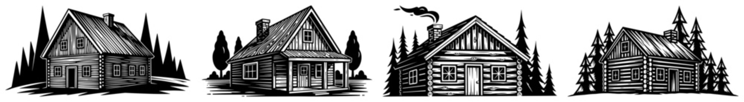 Forest log cabins surrounded by pine trees in rustic retro woodcut style