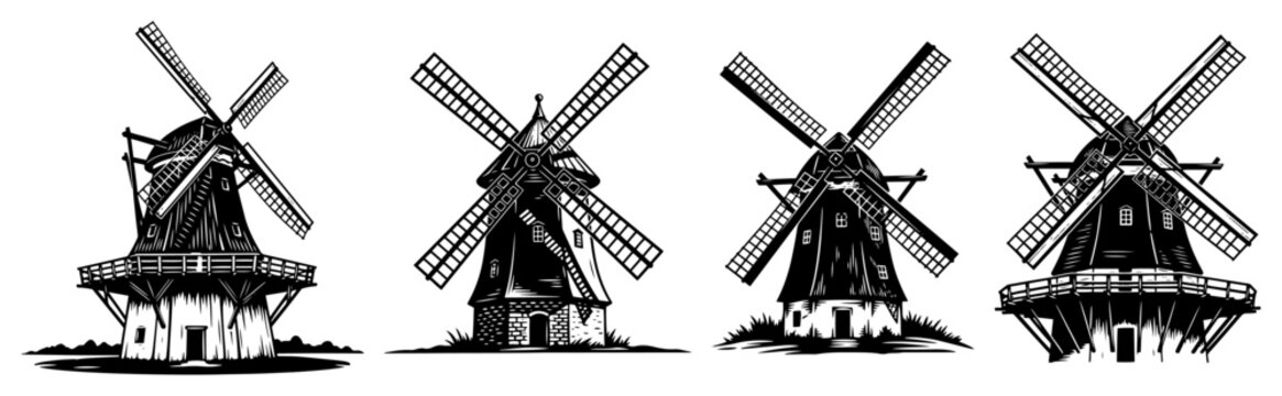 Traditional windmills set with different structures in vintage engraving style