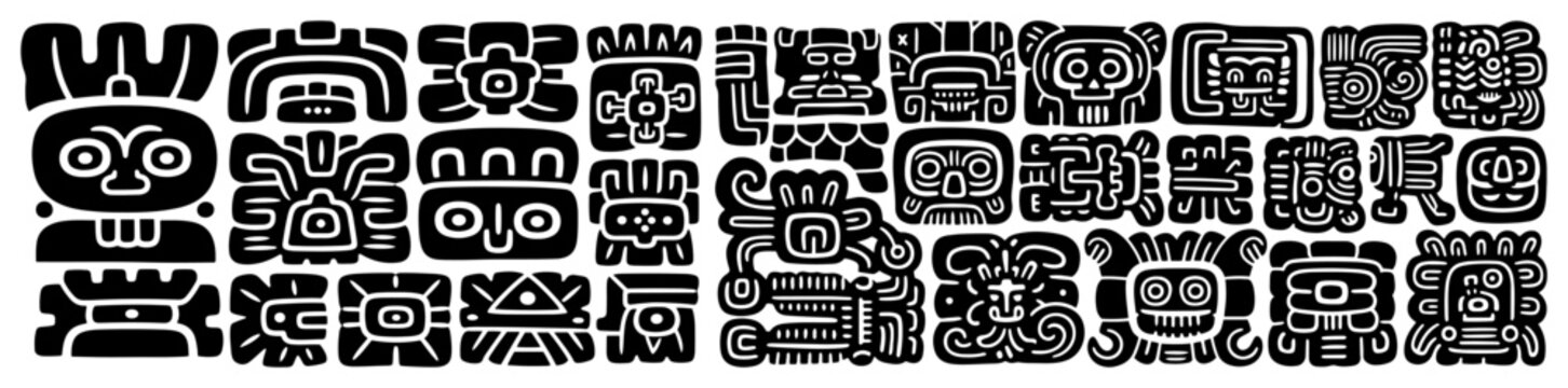 Mayan hieroglyphs and ancient Mesoamerican tribal symbols pattern vector illustration