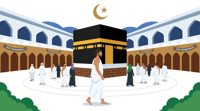 Muslim Pilgrim in White Ihram Performing Tawaf Around Kaaba Eid Season