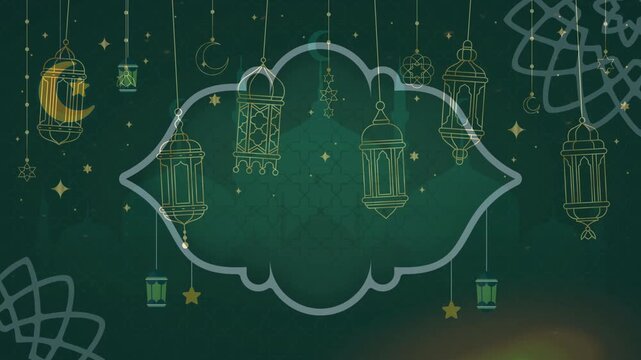 Elegant dark green Islamic background decorated with thin golden line-art lanterns, stars, a crescent moon, and an ornate center frame.
