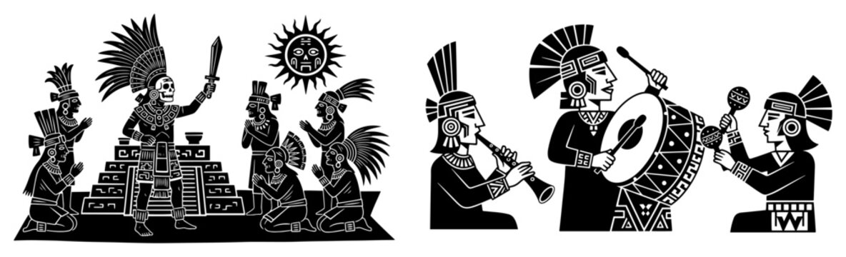 Mayan tribal ceremony and musicians performing with traditional instruments