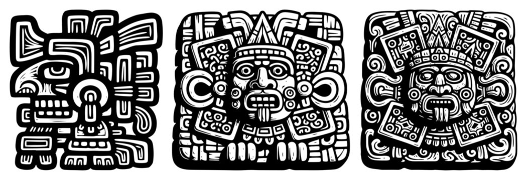 Aztec sun stone calendar tablets and tribal deity carvings vector design