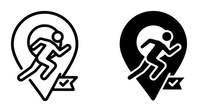Running Man Location Pin Icons, Marathon Race Marker, Fitness Goal Achievement, Sport Event Navigation, Vector Graphics Set