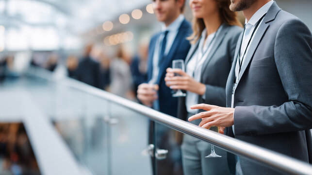 clouse up Clean commercial stock photo of three business professionals networking on glass-walled mezzanine overlooking busy conference exhibition floor below, elevated professiona