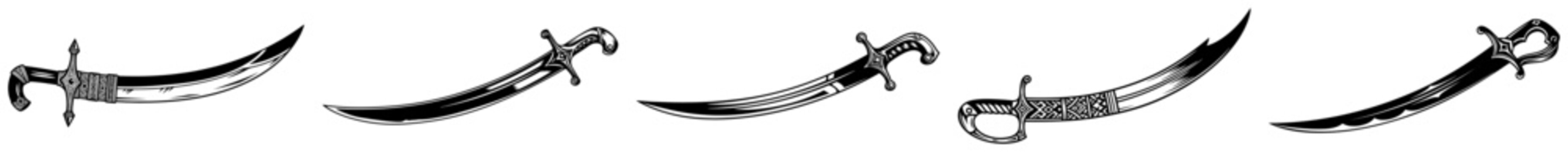 Scimitar swords collection with curved blades and decorated hilts vector illustration