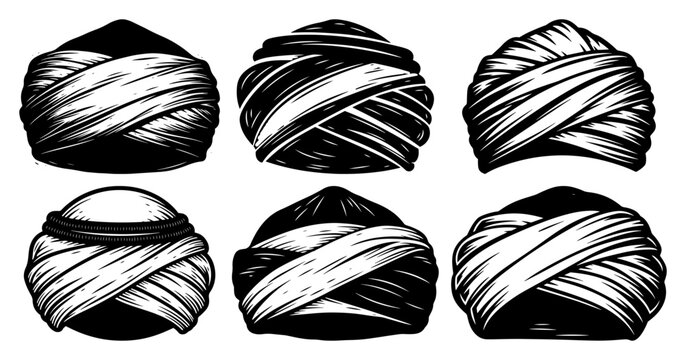 Traditional turban headwear and eastern headwraps in vintage woodcut style