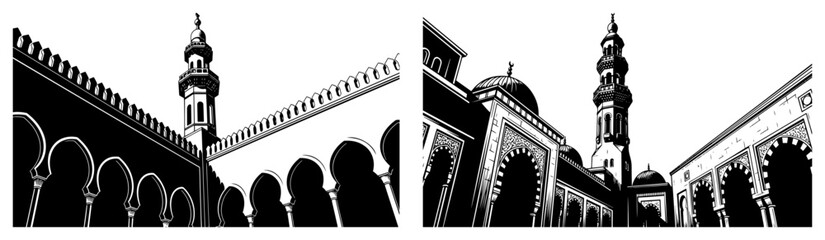 Mosque courtyard architecture with minarets and ancient arches in engraving style © Cristiano