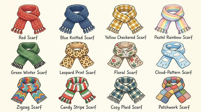Collection of twelve different illustrated winter scarves with various patterns and colors.