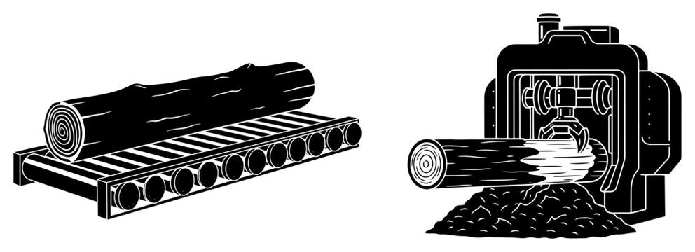 Timber processing sawmill machine and log conveyor in clean vector linocut style