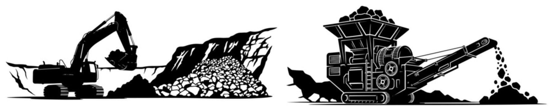 Mining machinery set with excavator and stone crusher in quarry