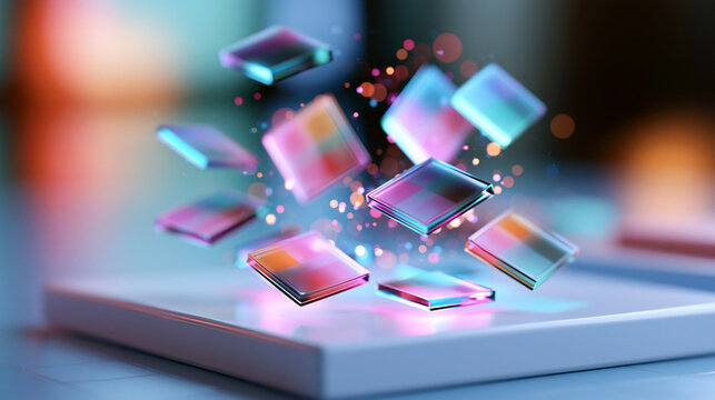 A glowing softly defocused natural language processing hologram with floating text token tiles drifts above a clean bright pastel platform NLP hologram faceless concept soft