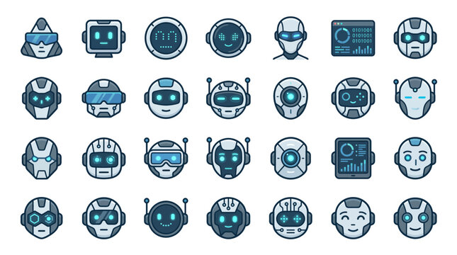 Set of futuristic robot head icons and android avatars with glowing blue features on white background, symbolizing artificial intelligence, representing chatbot customer service interface