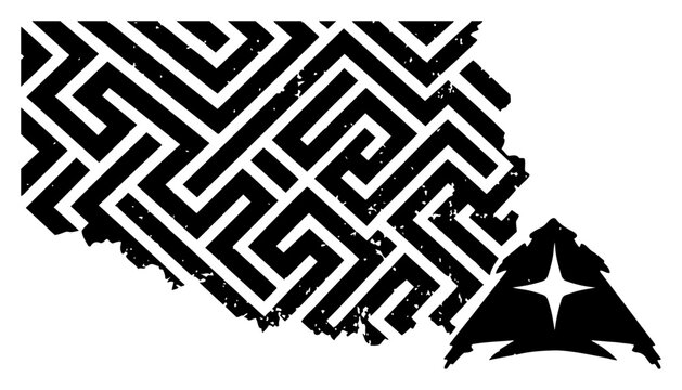 Geometric Greek key meander pattern with tribal arrow emblem in distressed grunge style