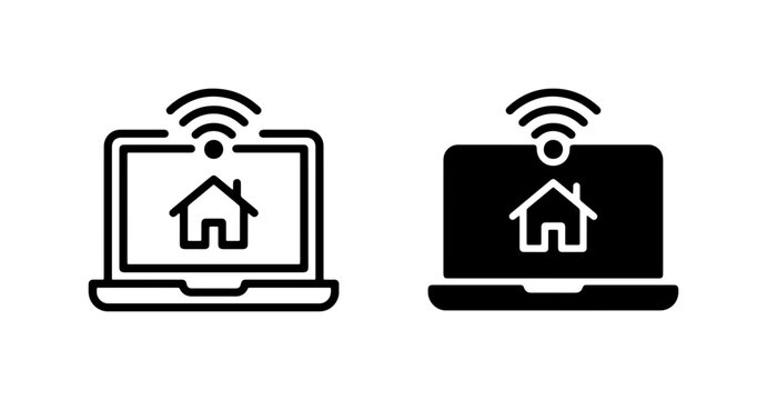 Smart Home Laptop Icons, Wireless Network Connectivity, Digital House Symbol, Remote Access Technology, Modern Internet Service Vector Set