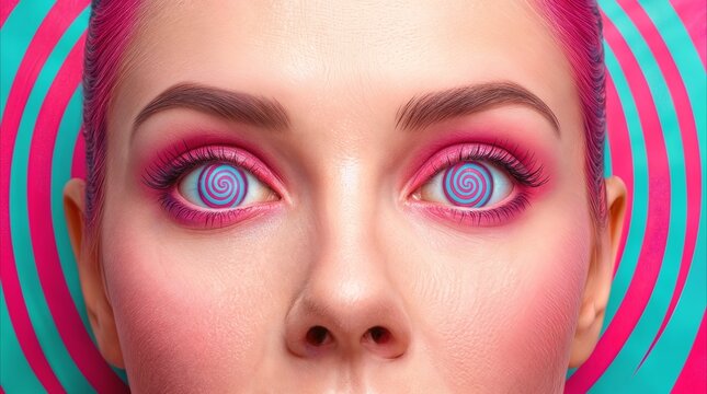 Woman with hypnotic spiral eyes and vibrant pink hair. Surreal pop art portrait featuring psychedelic patterns and trance-like expression.